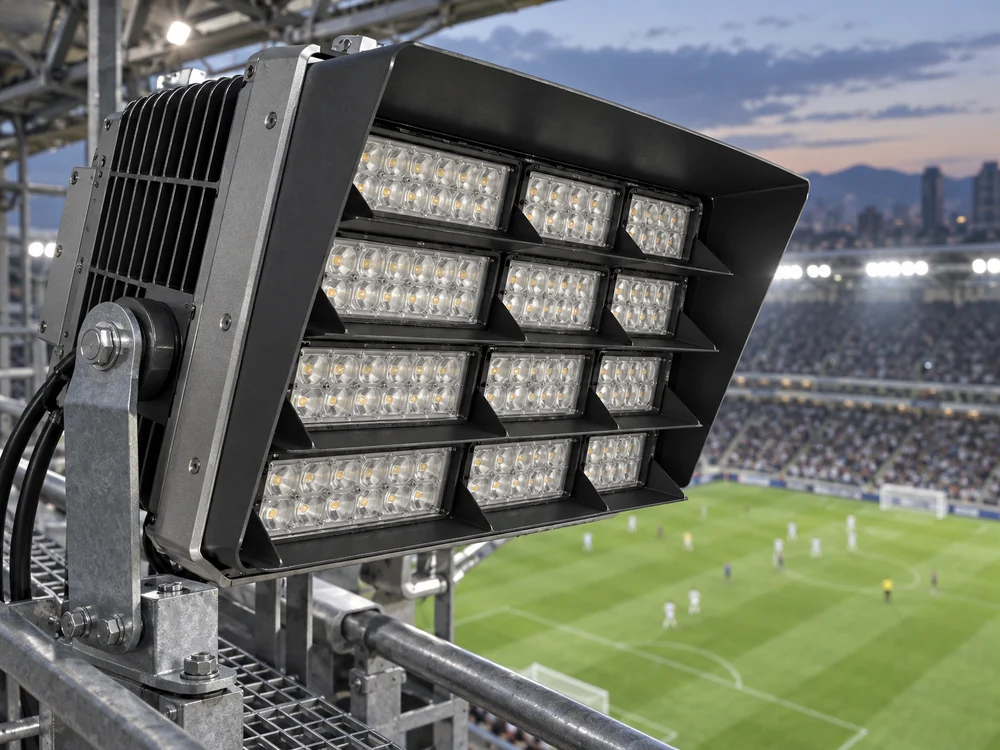 Professional LED stadium floodlight with visor and recessed optical modules