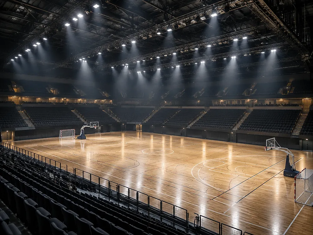 Multi-purpose arena lit by ceiling-mounted LED sports luminaires Multi-purpose arena lit by ceiling-mounted LED sports luminaires