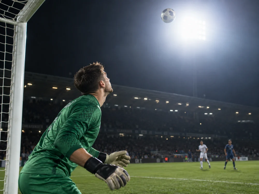 Goalkeeper tracking a football near an intense stadium floodlight