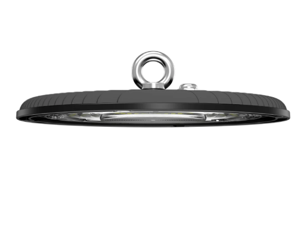 Low-profile UFO LED high bay light, side view Low-profile UFO LED high bay light shown from the side, with driver housing and mounting ring