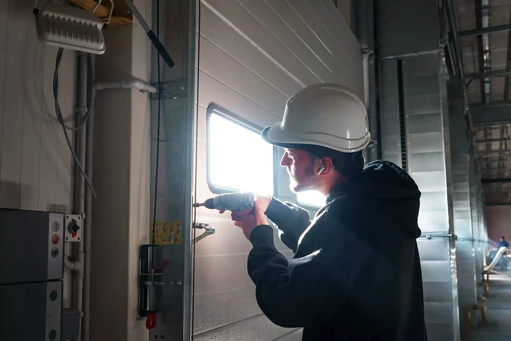 Illustrative mounting work inside an industrial building