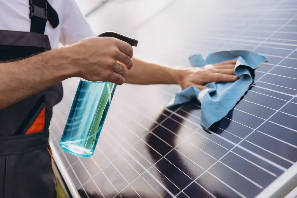 Illustrative cloth cleaning on a photovoltaic panel Illustrative cloth cleaning on a photovoltaic panel