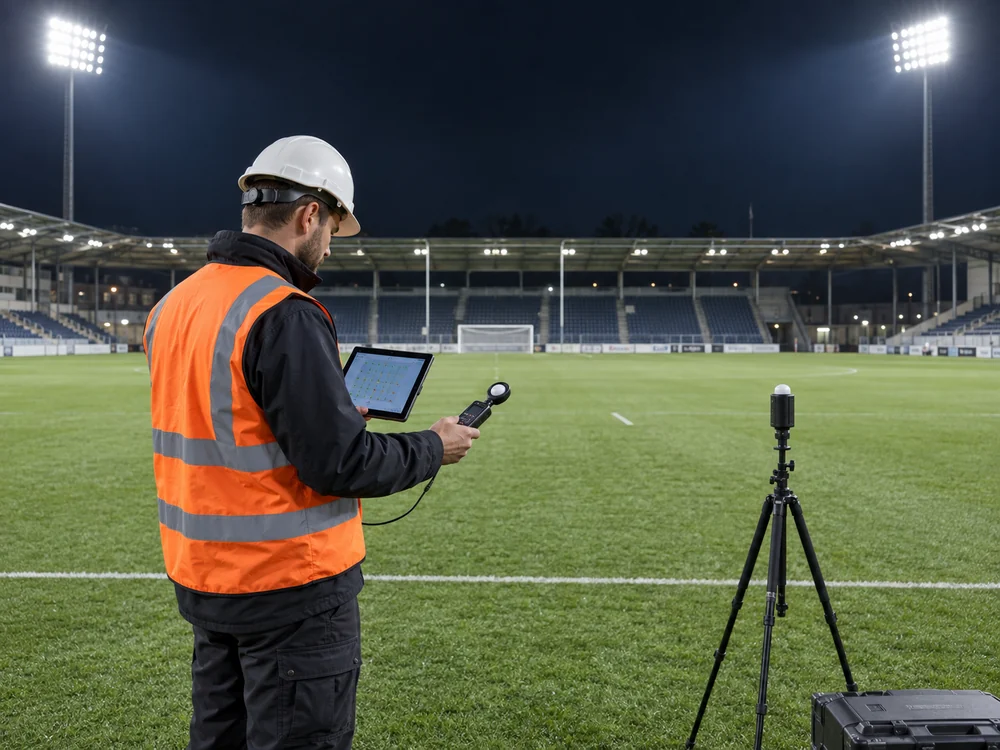 Lighting engineer measuring an illuminated football pitch during commissioning
